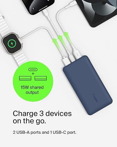 Belkin Portable Charger, USB C Power Bank 10000 mAh w/ 2xUSB-A Ports, 15W w/ Type-C to Type-A Cable - iPhone 17, Air, Pro, Pro Max, Samsung Galaxy S25, Nintendo Switch 2, Google Pixel 10, etc. - Blue thumbnail 4