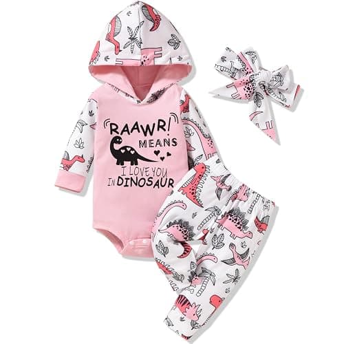 MINIFEIKO Newborn Infant Baby Girl Dinosaur Outfit Long Sleeve Hoodie Romper Bodysuit and Pants with Headband Set - Image 1