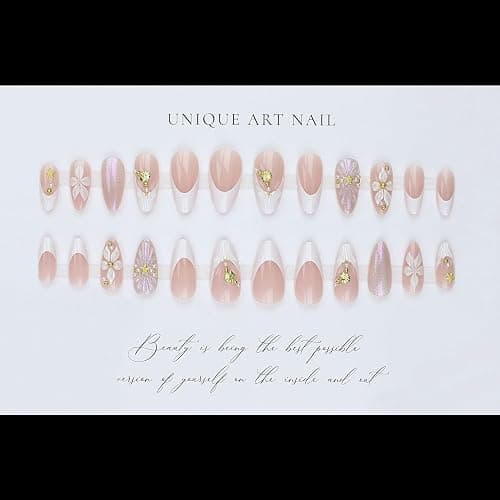 Spring Summer Press On Nails Medium Almond Fake Nails French False Nails With Flower Starfish Designs Acrylic Nail Press Ons Glossy Stick On Nails Full Cover Glue On Nail For Women 24Pcs thumbnail 3