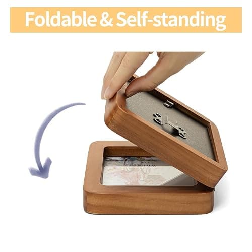 Wontree 4x4 Square Double Vertical Horizontal Hinged Foldable Combo Rounded Corner Picture Frame, Walnut-Colored Pine Wood with Real Glass, Free-Standing Desk Tabletop or Wall Hanging thumbnail 6