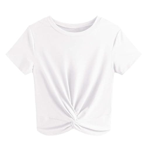 JINKESI Women's Summer Causal Short Sleeve Blouse Round Neck Crop Tops Twist Front Tee T-Shirt - Image 1