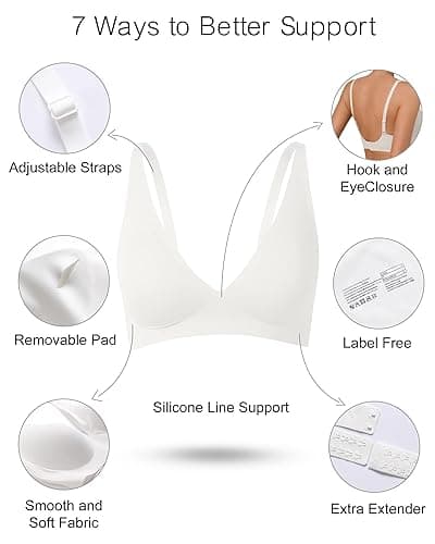 SHARICCA Pro Seamless Bra for Women Deep V Neck Wirefree Bra Adjustable Strap Comfort Sleep Bra Removable Padded Bralette - White - Small thumbnail 5