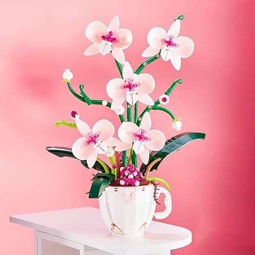 iixeal Pink Orchid Flower Building Set for Adults, Coffee Cup Orchid Botanical Collection Plant Building Kit, Home and Office Decor Gift for Christmas Day, Valentines, Birthday 567pcs - Image 1