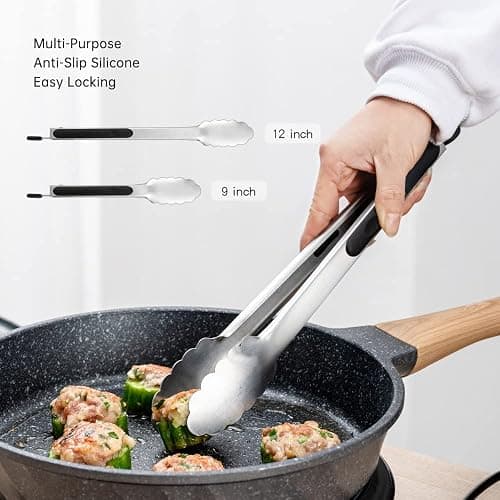 9 & 12 Inch Kitchen Tongs, Stainless Steel Metal Tongs Cooking Tongs, for Cooking Barbecue, BBQ Grilling, Buffet Serving (9"+12") thumbnail 2