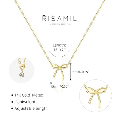 Risamil 14K Gold Plated Necklace for Women - Bow Necklace - Dainty Necklace Cute Small Tiny Bow Pendant Choker Chain Necklace Trendy Necklaces for Women Jewelry Gift thumbnail 3
