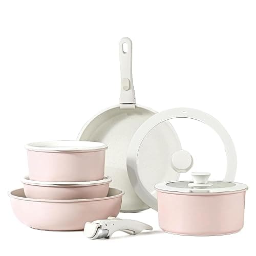 11-teiliges Antihaft Kochgeschirr-Set mit Abnehmbarem Griff: Stapelbar Topf- und Pfannenset für Induktion, Gasherde, Backofen und Spülmaschine, PFAS-frei (Rosa) - Image 1