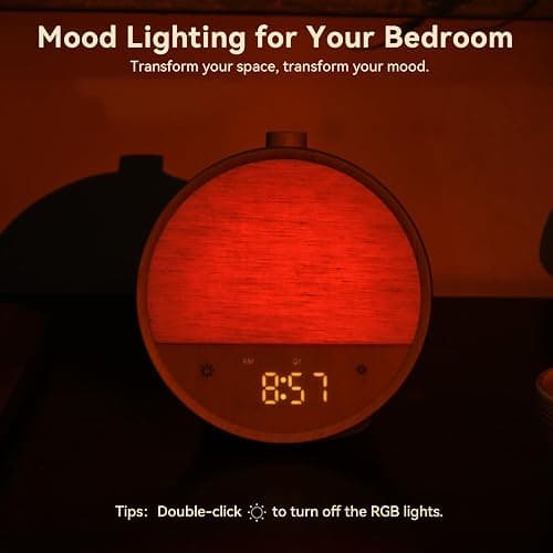 Vivilumens Wood Grain Sunrise Alarm Clock, Gentle Wake-Up Light Sound Machine, Dual Alarms for Heavy Sleepers, Natural Sounds, RGB Mood Light, Dimmable Bedside Night Lamp, Ideal for Bedroom & Gifts thumbnail 8