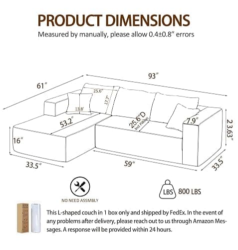 93" Modular Cloud Couch, Convertible L-Shaped Sectional Sofa with Chaise & Deep Seat, Corduroy Boneless Couches for Living Room Apartment, No Assembly - Beige (Left Facing Chaise) thumbnail 2