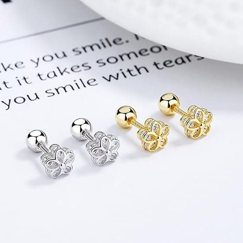 THOKUNA 18K Gold Plated Sterling Silver Cubic Zirconia Screw Back Small Trendy Dainty Cute Flower Stud Earrings for Women with Jewelry Rose Box thumbnail 2