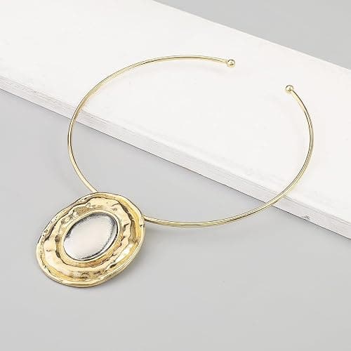 CAVIEA Chunky Statement Necklaces - African Choker Necklace with Gold Oval Pendant,Tribal Collar Necklace Hammered Metal Jewelry for Women thumbnail 6