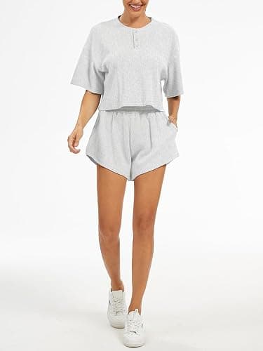 AnotherChill Women's Cropped Waffle Knit Lounge Set – Short Sleeve Henley Top and High Waisted Shorts 2 Piece Casual Outfit thumbnail 5