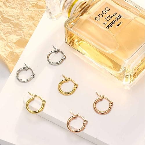 Jstyle 3 Pairs Stainless Steel Hoop Earrings Set for Women Mens Black Silver Gold Small Hoop Earring, Lightweight Click-Top Hoops Piercing 10-20MM thumbnail 6