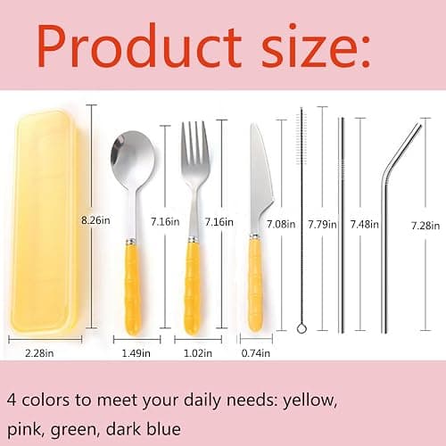 Facune 4 Colors Portable Travel Utensils with Case, Reusable Stainless Steel Cutlery Include Knife Fork Spoon Straw for Travel Camping Office thumbnail 3