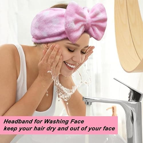 Shintop Women Fashion Lovely Soft Carol Fleece Bowknot Bow Makeup Cosmetic Shower Elastic Hair Band Hairlace Headband (Pink Polka dots) thumbnail 4