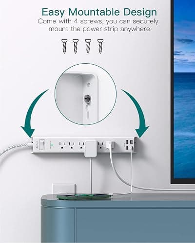 Extension Cord 10 ft - Long Power Strip Surge Protector, 6 AC Outlet 4 USB (2 USB C), Flat Plug, Wall Mount, Multi Plug Outlet Extender Desk Charging Station for Home Office Dorm Room Essentials thumbnail 7