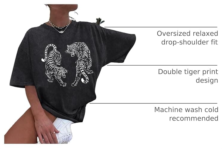 Weetiotio Tiger Graphic Tees Shirt for Women Oversized Streetwear Shirts Acid Wash Tshirt Tigers Print Cotton Summer Tops thumbnail 4