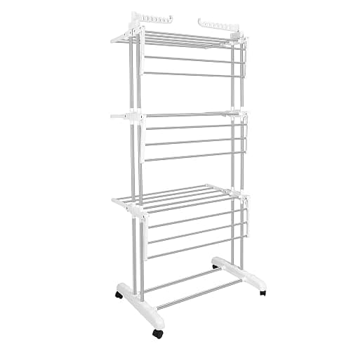 Bigzzia Clothes Drying Rack, Folding Stainless Steel Drying Rack Clothing Indoor Outdoor, Space-Saving, 4 Tier Laundry Drying Rack with Two Side Wings -Grey White - Grey White - 4 Tier thumbnail 7