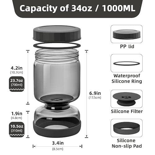 WhiteRhino Gurkenglas zum Umdrehen,1L Glas Einlegeglas, with Strainer,Gurken Behälter,Einlegeglas zum Umdrehen, for Olive, Kimchi,Jalapenos,Auslaufsichere Luftdichte Deckel - Grau/1l thumbnail 3
