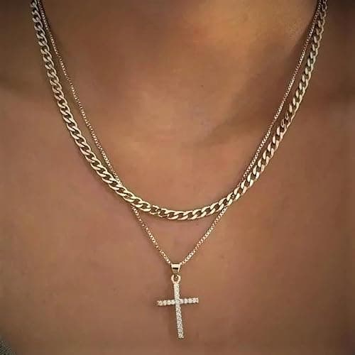 Cross Necklace for Women,Stackable Stacked Stacking Layering Layered Necklaces Dainty Gold Necklace Paperclip Box Flat Mariner Chain Necklace Cross Pendant CZ Diamond Simple Jewelry Gift thumbnail 5