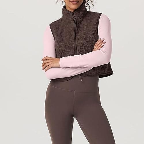 Yioaga Cropped Fleece Vest Women Sleeveless Stand Collar Zip Up Sherpa Jacket Fall Winter Warm Coats Outerwear with Pockets thumbnail 7