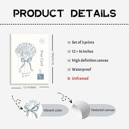 Blue Coastal Beach Wall Art Posters Beachy Preppy Room Decor Wall Art Granddaughter Summer Prints Aesthetic Bikini Seashells Starfish Poker Artwork Canvas for Dorm Bedroom 12x16x3 Inch Unframed thumbnail 2