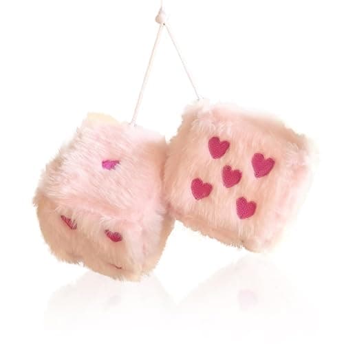 Pair 3” Colorful Heart Embroidered Fuzzy Plush Dice, Soft Plush Car Decoration Hanging Ornaments, Couple Car Decorative Vintage Accessories for Rearview Mirror Decorations(Pink Rose Red Dots) - Image 1