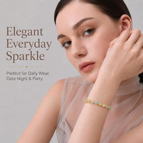 TLRCOXP 18K Gold Plated Tennis Bracelet for Women, Cubic Zirconia CZ Bangle | Heart, oval, square and pear-shaped colorful CZ stones, adjustable 7-7.5 in for Valentine's Day, weddings and bridal jewelry thumbnail 4