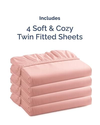 Twin Fitted Sheet - Pack of 4 Single Fitted Bottom Sheet Only - Baby Pink | Fits Mattress Up To 16" Deep Pockets - Extra Soft, Breathable & Cooling - Hotel Quality, Shrink and Wrinkle Free thumbnail 4