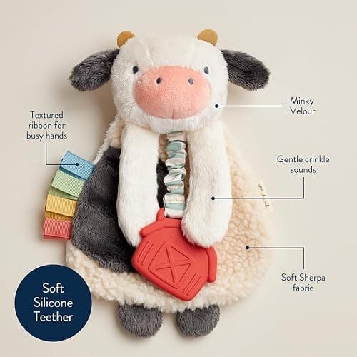 Itzy Ritzy - Itzy Lovey Including Teether - Baby Lovey with Teether, Textured Ribbons & Dangle Arms - Features Crinkle Sound, Sherpa Fabric and Minky Plush (Cow) thumbnail 3