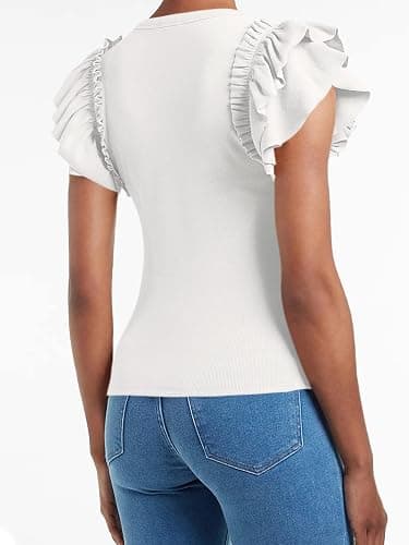 Womens Ruffle Short Sleeve Shirts Slim Fit High Neck Knit Ribbed Tops | Flutter sleeve Tops,Cute Puff Sleeve Tops,Summer Shirt thumbnail 3
