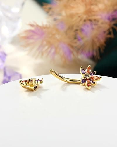 COCHARM Colorful Lotus Belly Button Rings, 14G Both End Belly Navel Rings for Women, Gold Plated Navel Piercing Jewelry Stainless Steel 8/10MM thumbnail 5