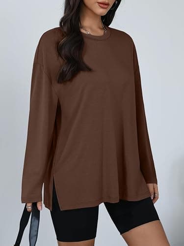 Trendy Queen Oversized Side Slit Tshirts for Women Long Sleeve Workout Tops Fall Fashion Gym Casual Tees Basic Y2K Clothes thumbnail 3
