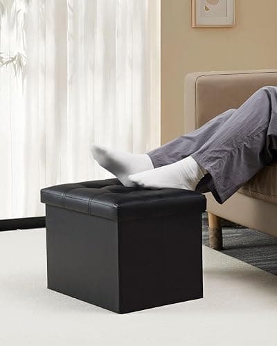 Bsketa Storage Ottoman, Folding Foot Stool with Thicker Foam Padded Seat Small Leather Storage Ottoman Bench Foot Rest for Living Room Foldable Coffee Table 17x13x13in,Black thumbnail 2