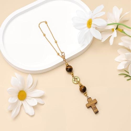 Cross Crystal Hanging Car Charm,Cute Healing Stones Car Decor for Rear View Mirror Boho Handmade Sun Catcher Ornament Accessories Tiger Eye Crystal Protection for Women thumbnail 6