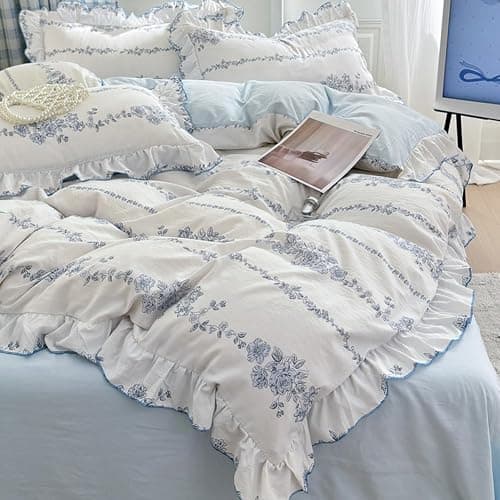 HOLY HOME Floral Print Ruffled Duvet Cover Set with Pillow Shams 3Pieces Elegant Princess Bedclothes (Bluerose, Twin) thumbnail 5
