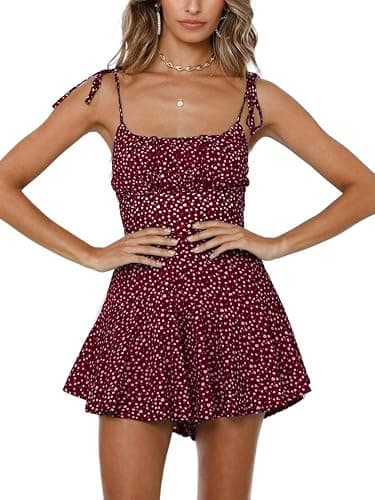 Jeanewpole1 Women's Boho Floral Wide Leg Short Romper Spaghetti Strap Smocked Jumpsuit - Image 1