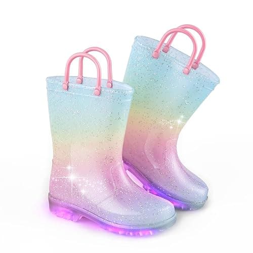 EUXTERPA Kids Toddler Light Up Wellies Glitter Welly Rain Boots for Girls with Handles for 1-9 Year Old Child - Image 1