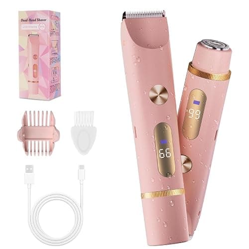 2-in-1 Bikini Trimmer for Women, Bikini Shaver with Dual Heads, Body and Facial Hair Removal, Cordless Rechargeable Electric Razors for Face Chin Pubic Underarm Legs, IPX7 Waterproof, Pink - Image 1