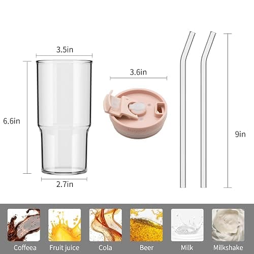 Glass Coffee Cups with Lids and Straws - 20 oz Juice Bottles Leak-Proof Travel Water Glass Tumbler for Smoothies, Iced Coffee, Matcha,Flower Tea and Cold Beverages - Durable and Eco-Friendly (pink) thumbnail 3