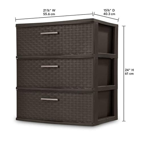 Sterilite 3 Drawer Wide Weave Storage Tower, Plastic Decorative Drawers to Organize Clothes in Bedroom, Closet, Brown with Brown Drawers, 1-Pack thumbnail 3