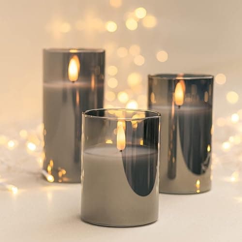 ANGELLOONG Grey Fake Candles Battery Operated, Flickering Flameless Candles with Timer and Remote, Glass LED Electric Pillar Candles Set of 3 for Home Coffee Table Bathroom Decor thumbnail 2