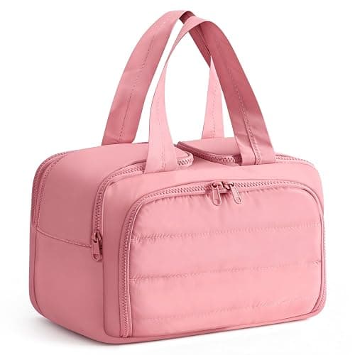 XWFB Travel Toiletry Bag Duffel - Water Resistant, Wide-open Large Lightweight Makeup Bag for Women with Handle & Wet Pocket, Puffy Organizer for Toiletries,Dark Pink - Image 1