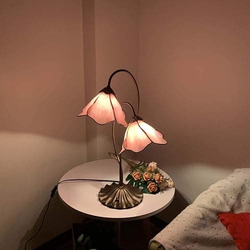 Bieye L10811 Flower Tiffany Style Stained Glass Table Lamp with 8-inch Wide Bent Glass Lampshade Lily Pad Base (2-Light, Pink) thumbnail 3