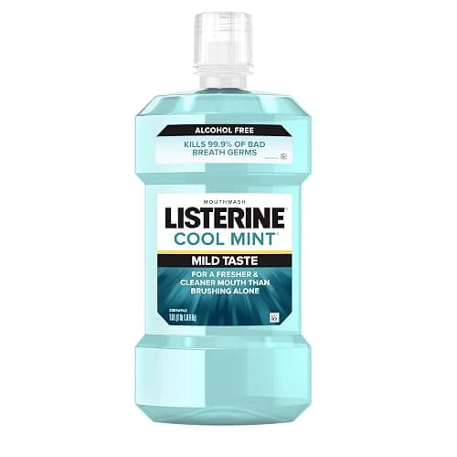 Listerine Alcohol-Free Mouthwash, Non Alcoholic Mint Oral Rinse Kills 99.9% of Germs That Cause Bad Breath for a Fresh Breath & Clean Mouth, Less Intense Taste, Cool Mint Flavor, 1 L - Image 1