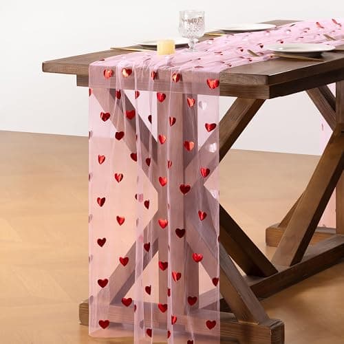 Gold Gauze Table Runner Red Heart Sheer Romantic Wedding Party Table Decor | Pink Sequin Glitter Metallic Foil 10FT Chiffon Cheesecloth Dining Wedding Birthday Baby Shower Holiday Decorations thumbnail 2