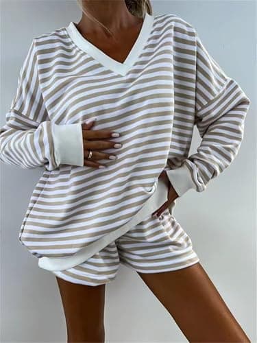 Melliflo Women 2 Piece Outfits Lounge Sets Striped Print Long Sleeve V Neck Sweatshirt and Shorts Set Fall Sweatsuit thumbnail 4