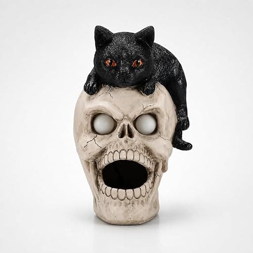 Shlinnuo Halloween Skull Statue with Mist Fogger Light 11 inch | Black cat skull decor, glowing eyes, water mist fog, resin Halloween figurine, indoor haunted house tabletop prop thumbnail 8