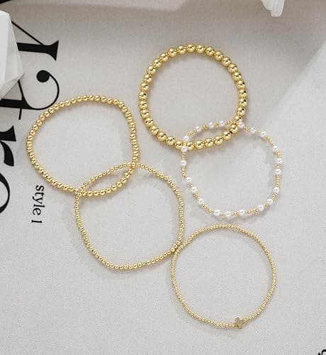 Gold Beaded Bracelets for Women, 14K Real Gold Plated Jewelry for Women Dainty Pearl Bead Bracelets Stack, Non Tarnish Trendy Stackable Ball Cross Stretch Bracelet Set Fashion Accessories Gifts for Women - Gold cross bead thumbnail 9