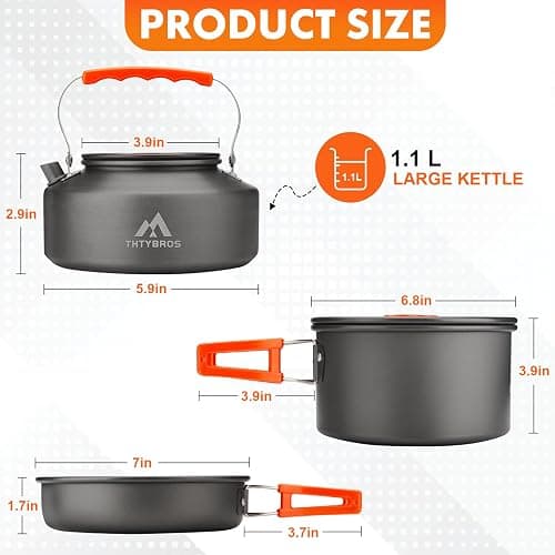 THTYBROS 17pcs Camping Cookware Kit, 0.45Gal Pot, 7inches Pan,0.30Gal Kettle Set with 2 Set Stainless Steel Cups Plates Forks Knives Spoons for Hiking thumbnail 2