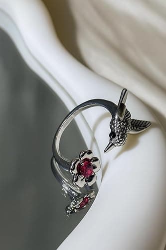 Hummingbird Ring For Women, Silver Vintage Bird Boho Western Adjustable Flower Wrap Ring Cute Animal Jewelry Black Stone Statement Jewelry Gift thumbnail 3